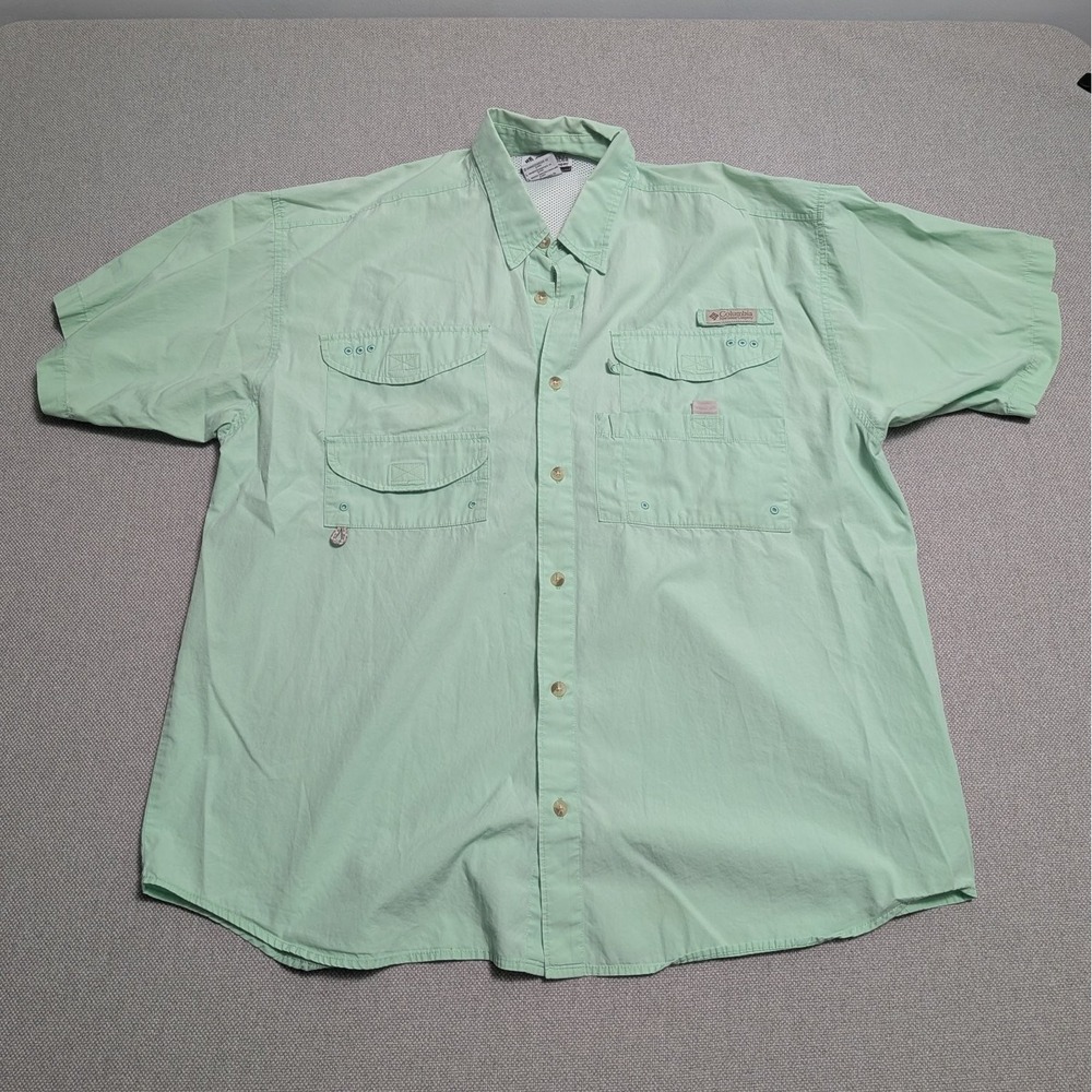 Columbia PFG Casual Button-Down Men's L Mint Green Short Sleeve Fishing Shirt